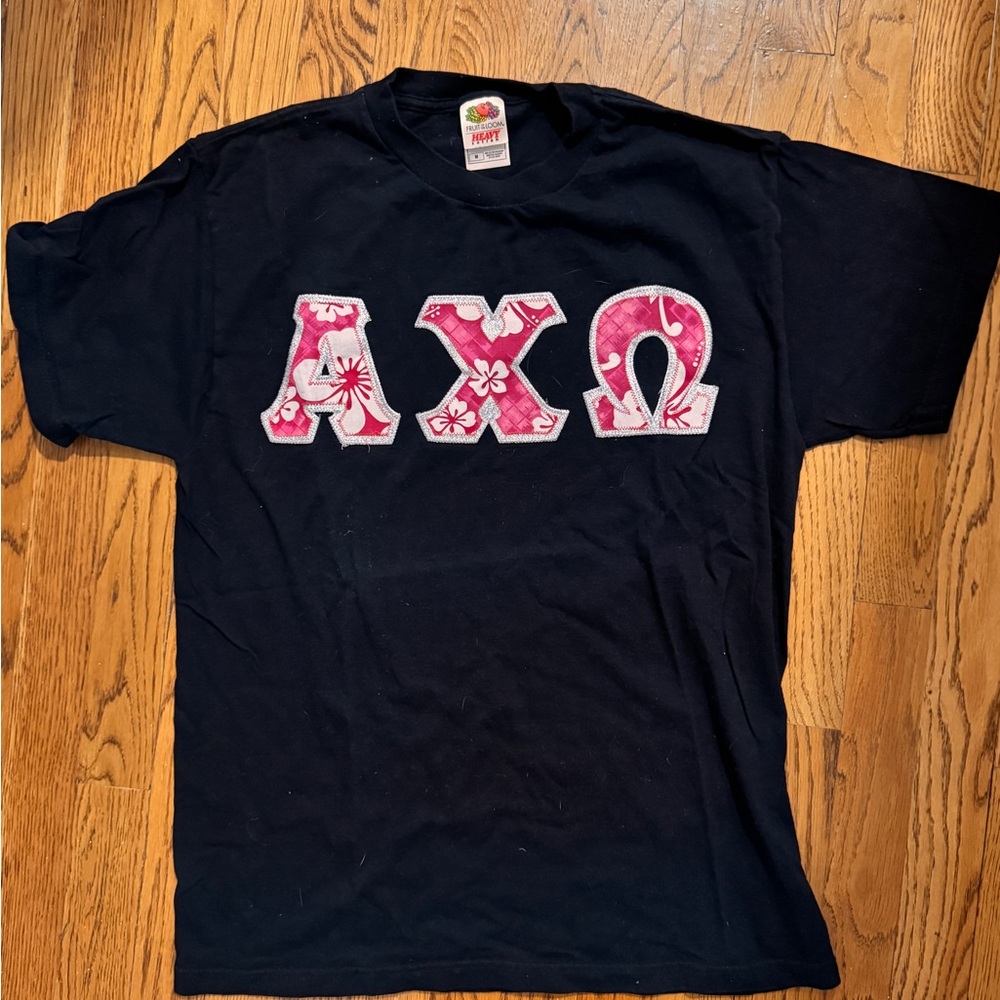 Alpha Chi Omega Sorority T-Shirt with Pink Floral Greek Letters
